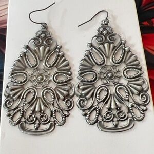 44 Intricate Filigree Drop Earrings - Silver Tone